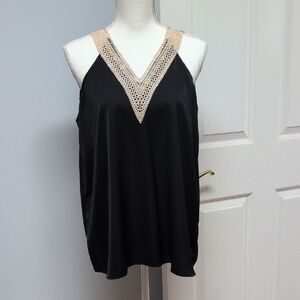 Black/Gold/Tan Crochet Style Accent Tank Top V Neck full back Size L